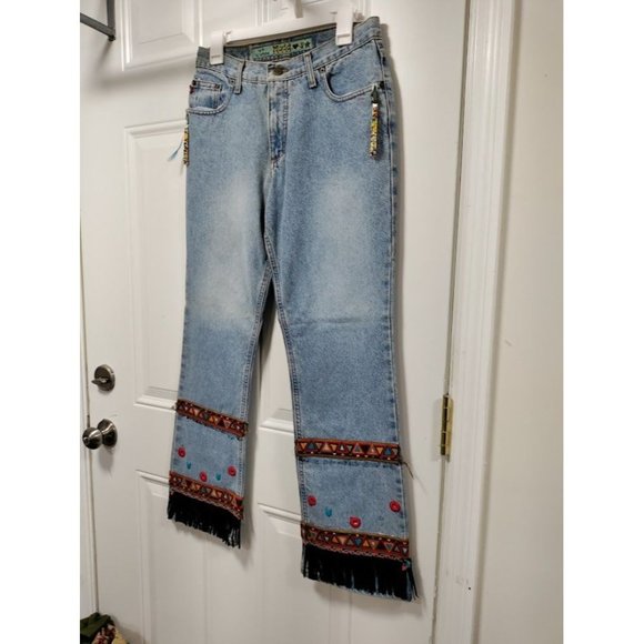 Mudd Cotton Mid Rise Straight Leg Embroidered Fringe Denim Jeans Blue Size 9 - Picture 2 of 14